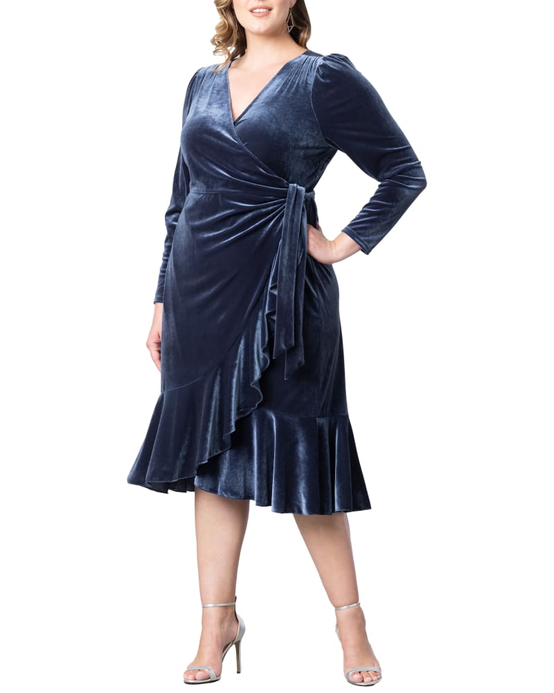Front of a model wearing a size 5X Viola Velvet Long Sleeve Wrap Dress in SILVER FROST by Kiyonna. | dia_product_style_image_id:312458